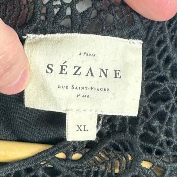 Sezane Lorena 100% Linen Black Top Size XL Lace Embroidery Short Sleeve Blouse - Picture 3 of 12